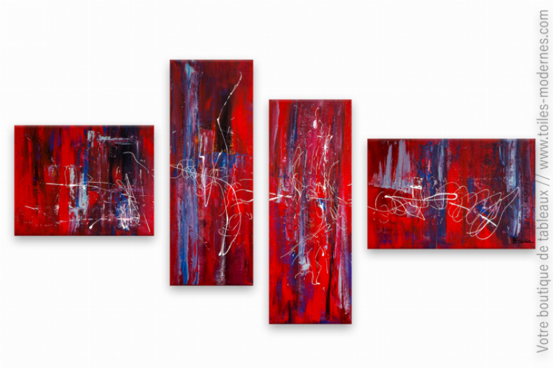 Intérieur moderne avec une grande peinture abstraite contemporaine française au mur, ambiance harmonieuse.